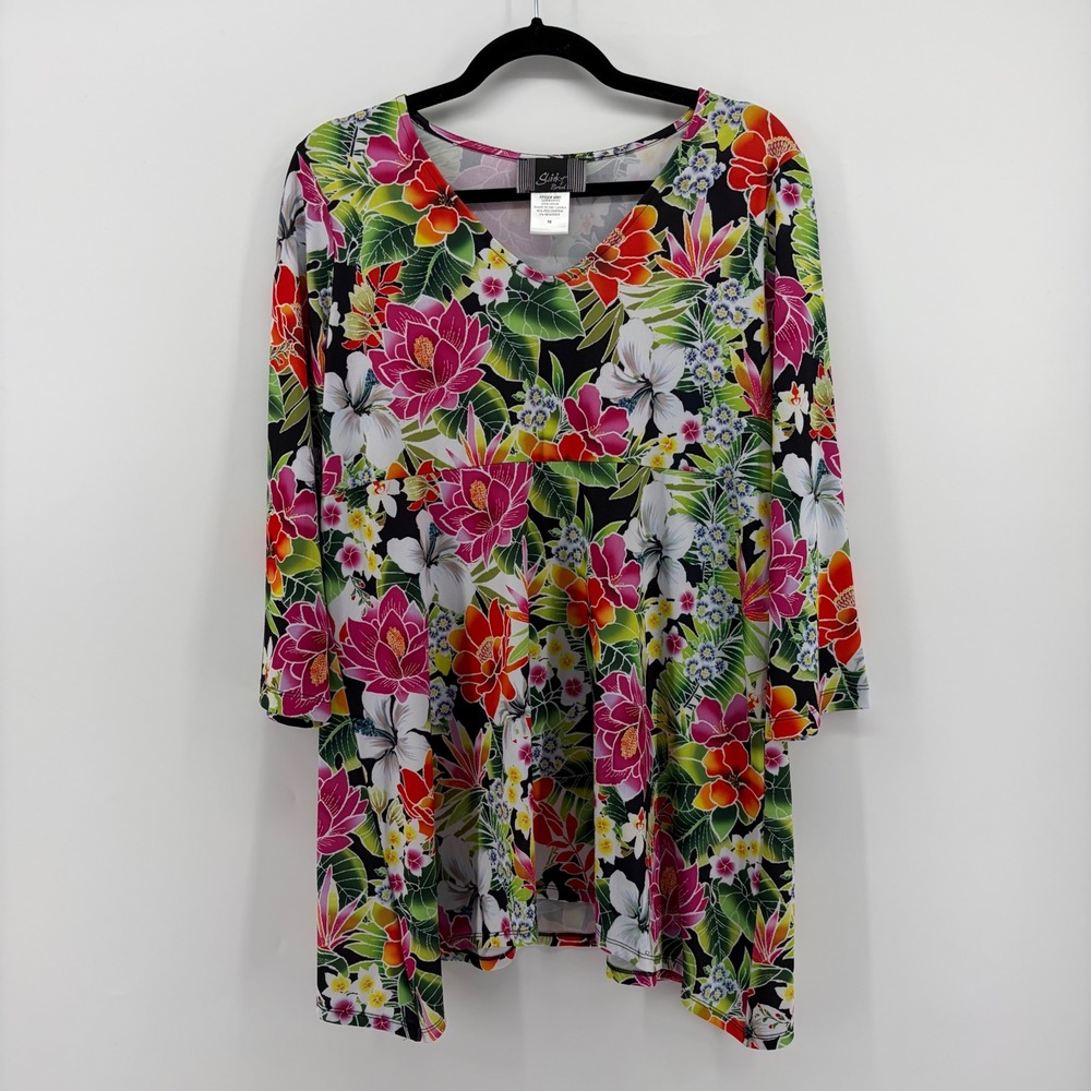 Slinky Brand Women's Multicolor Tropical‎ Floral Print Tunic Top Size Medium